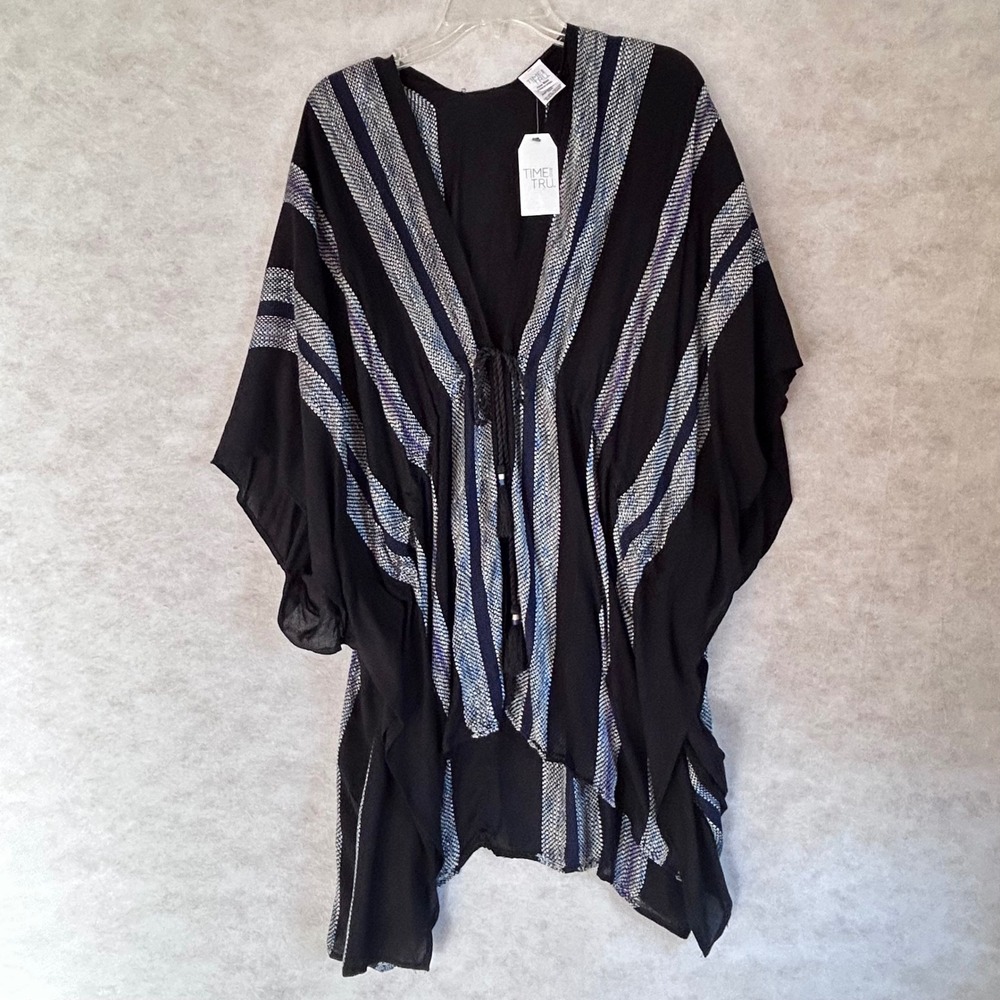 Time and Tru Womens Black Blue Striped Kimono Cover Up‎ Drawstring OS TT251143
